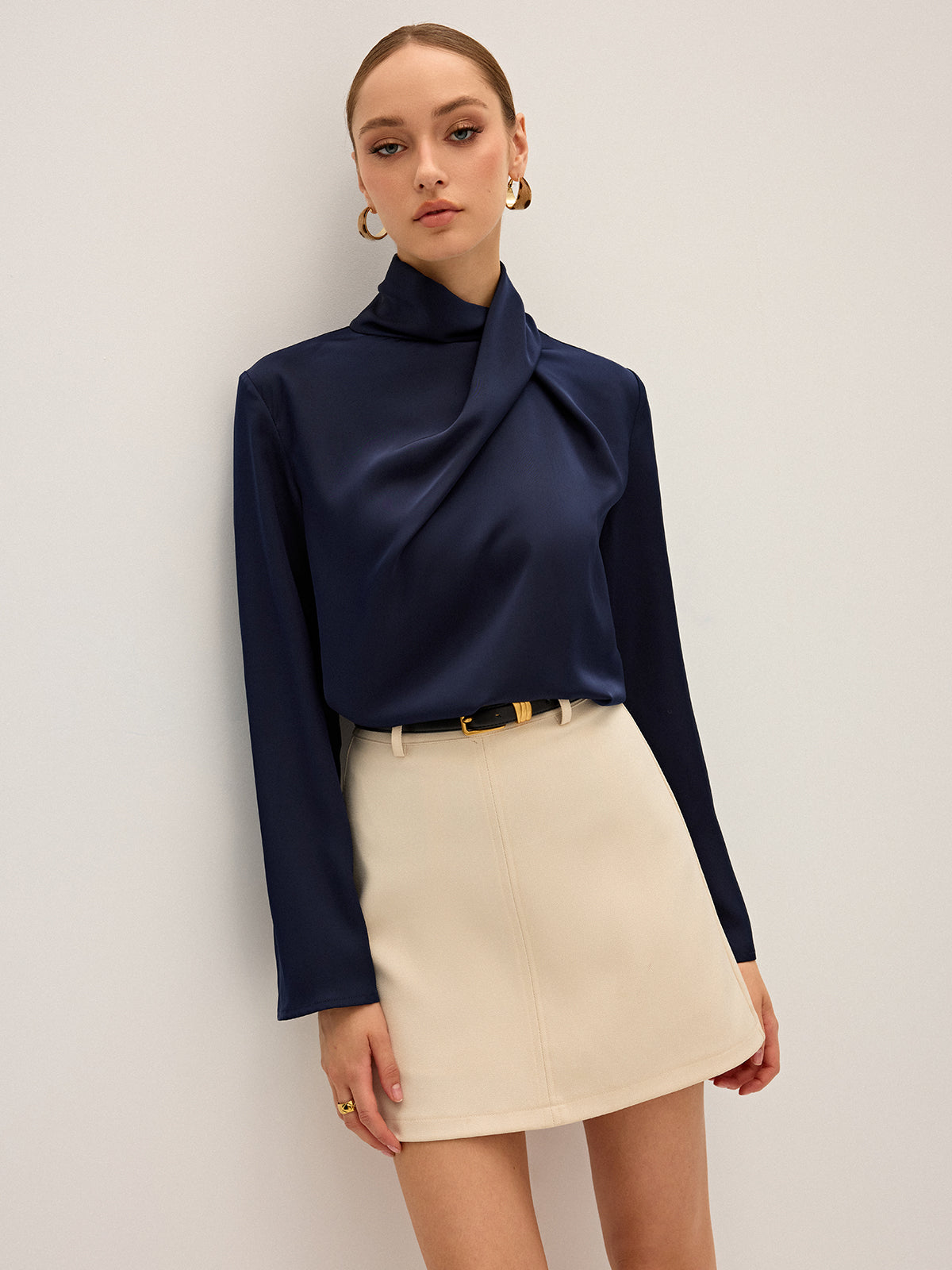 Satin Draped High Neck Blouse