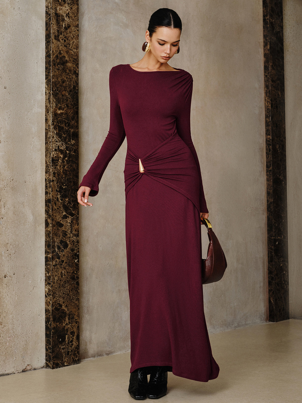 Metal Buckle Long Sleeve Ruched Maxi Dress