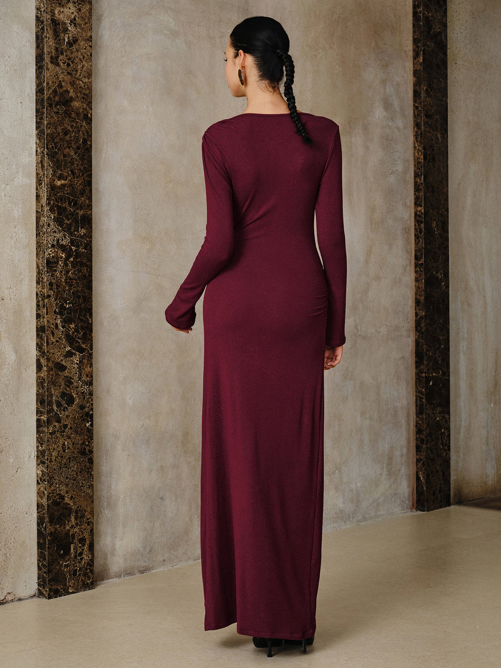 Metal Buckle Long Sleeve Ruched Maxi Dress