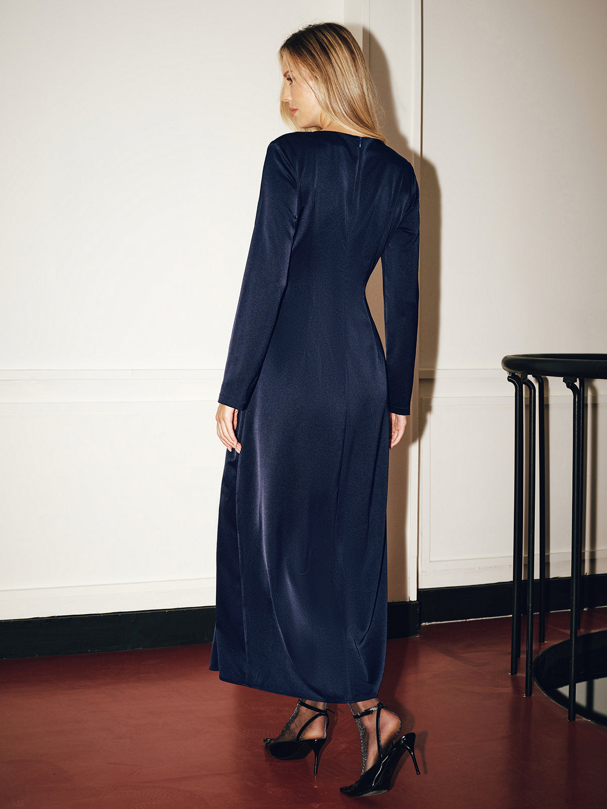 Metal Detail Long-Sleeve Ruched Maxi Dress