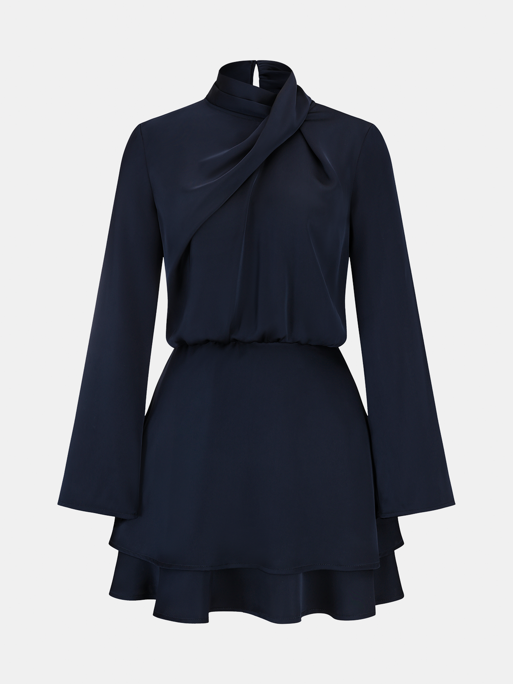 Long Sleeve Cross Neck Satin Tiered Mini Dress