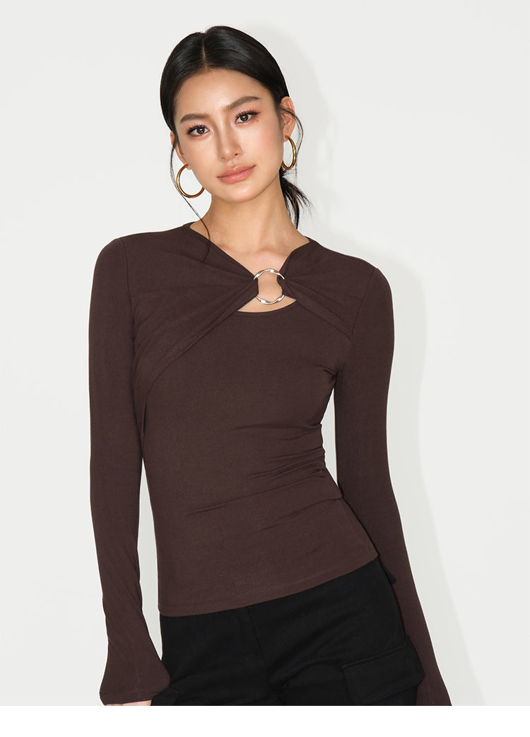 Twist Accent Ring Detail Long-Sleeve Top