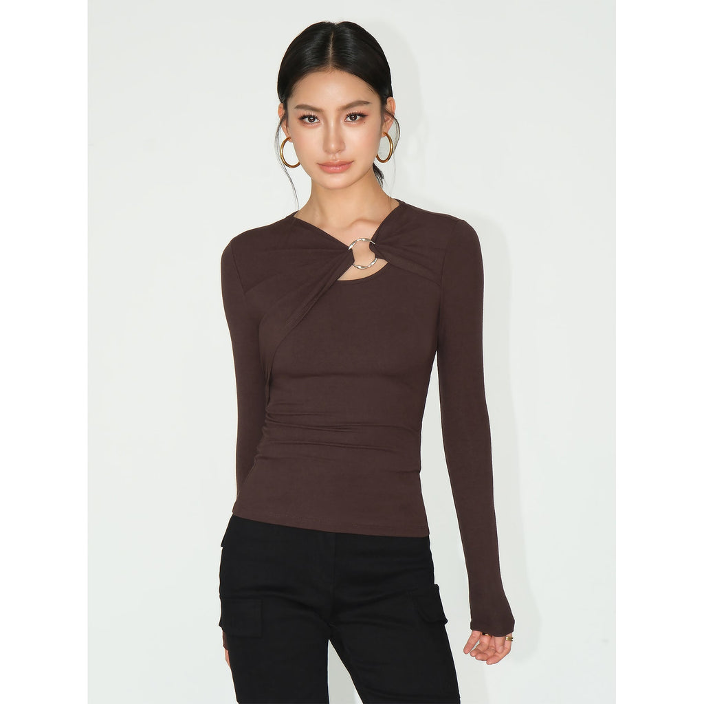 Twist Accent Ring Detail Long-Sleeve Top