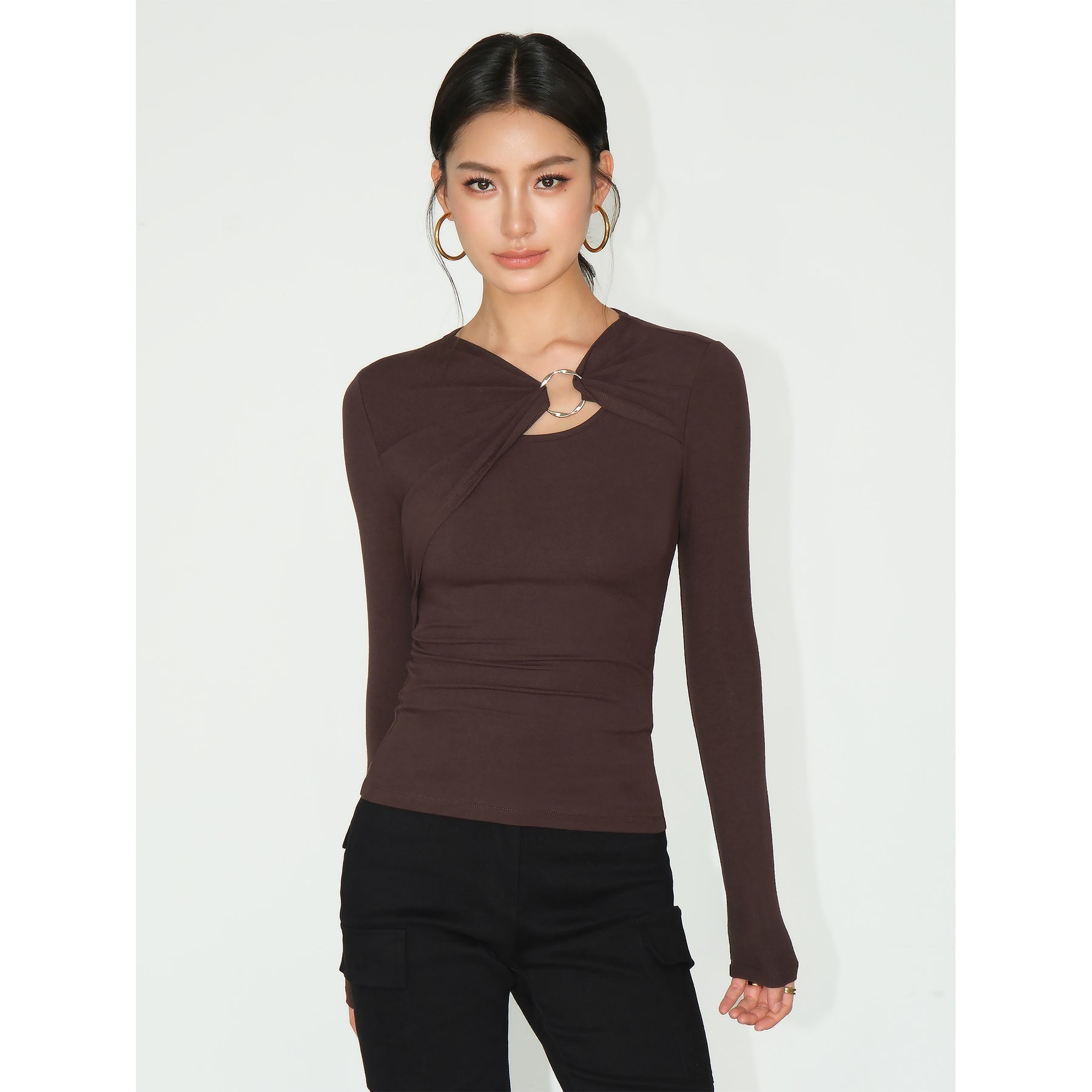 Twist Accent Ring Detail Long-Sleeve Top