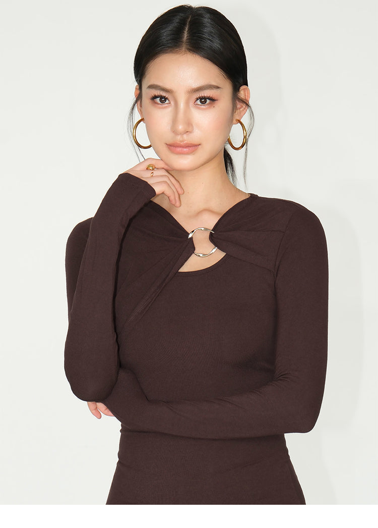 Twist Accent Ring Detail Long-Sleeve Top