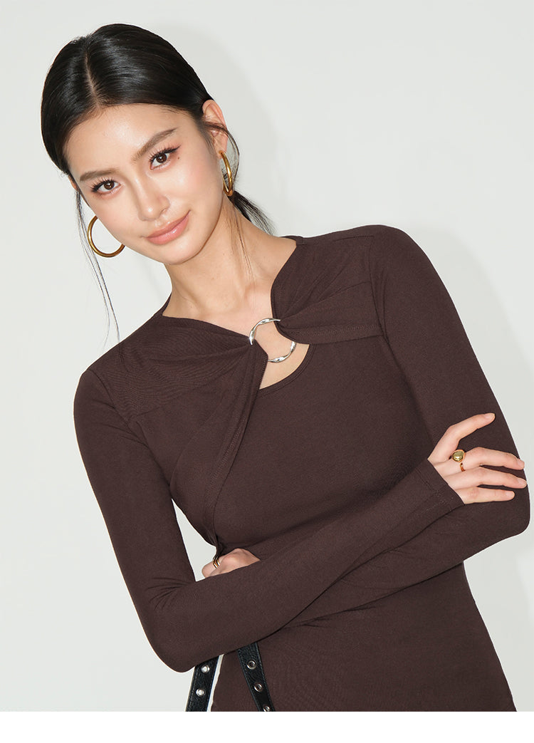 Twist Accent Ring Detail Long-Sleeve Top