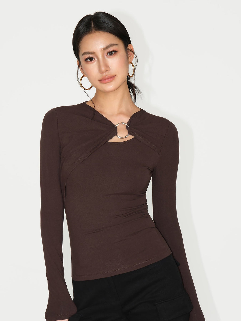 Twist Accent Ring Detail Long-Sleeve Top